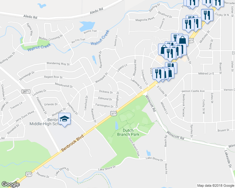 map of restaurants, bars, coffee shops, grocery stores, and more near 123 Covington Drive in Benbrook