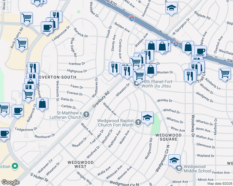 map of restaurants, bars, coffee shops, grocery stores, and more near 5508 Wheaton Drive in Fort Worth