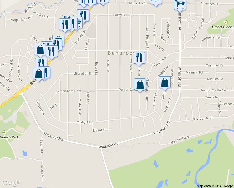 map of restaurants, bars, coffee shops, grocery stores, and more near 1204 Wade Hampton Street in Benbrook