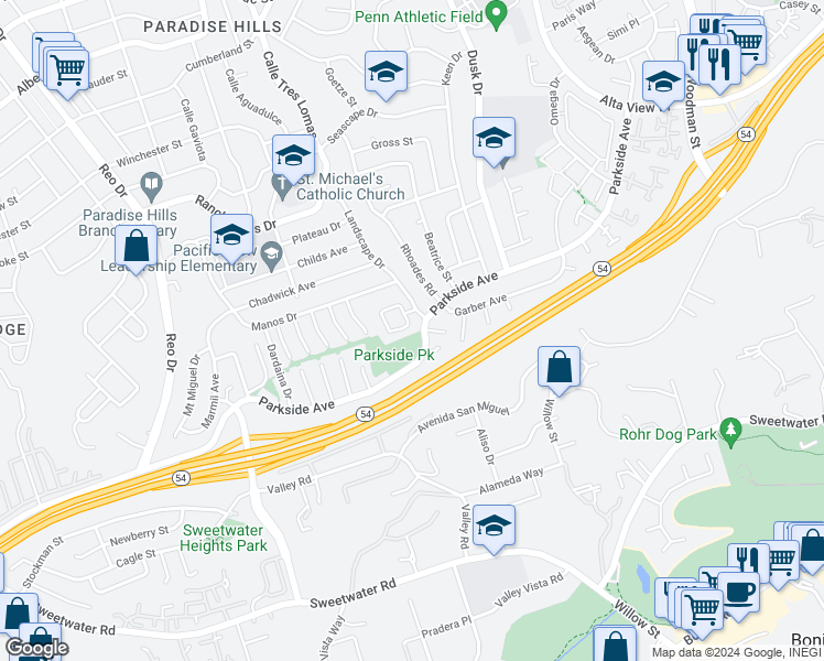 map of restaurants, bars, coffee shops, grocery stores, and more near 2910 Lucia Jade Loop in San Diego