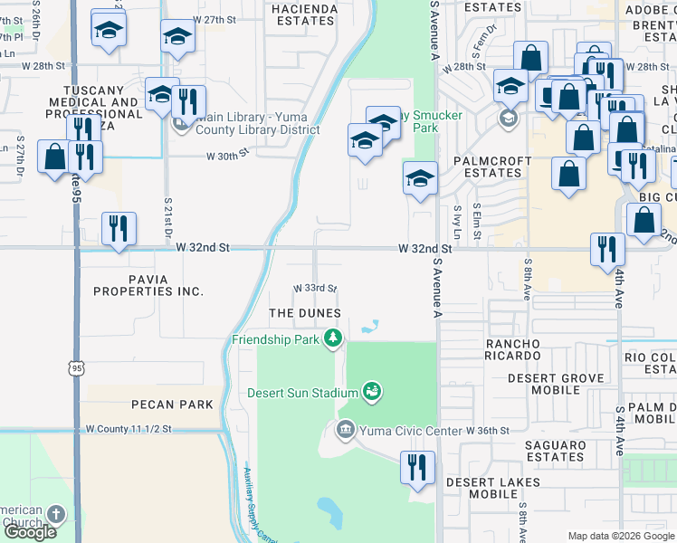 map of restaurants, bars, coffee shops, grocery stores, and more near 1399 West 32nd Place in Yuma
