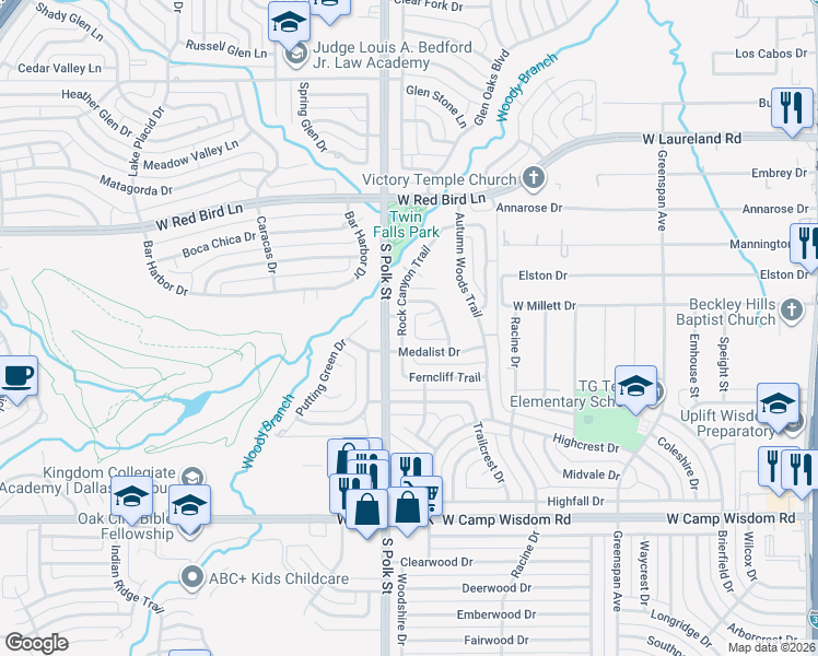map of restaurants, bars, coffee shops, grocery stores, and more near 6526 Rock Canyon Trail in Dallas