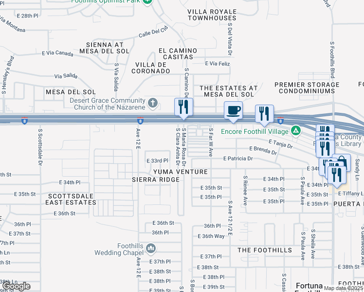 map of restaurants, bars, coffee shops, grocery stores, and more near 11204 South Maria Rosa Drive in Yuma