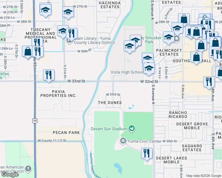 map of restaurants, bars, coffee shops, grocery stores, and more near 1513 West 32nd Place in Yuma