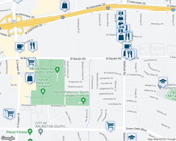 map of restaurants, bars, coffee shops, grocery stores, and more near 901 West Embercrest Drive in Arlington