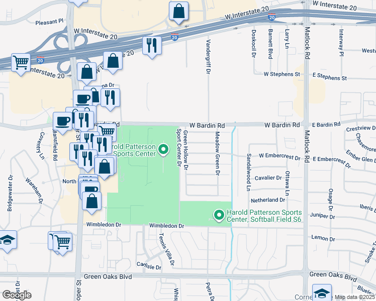 map of restaurants, bars, coffee shops, grocery stores, and more near 937 West Embercrest Drive in Arlington