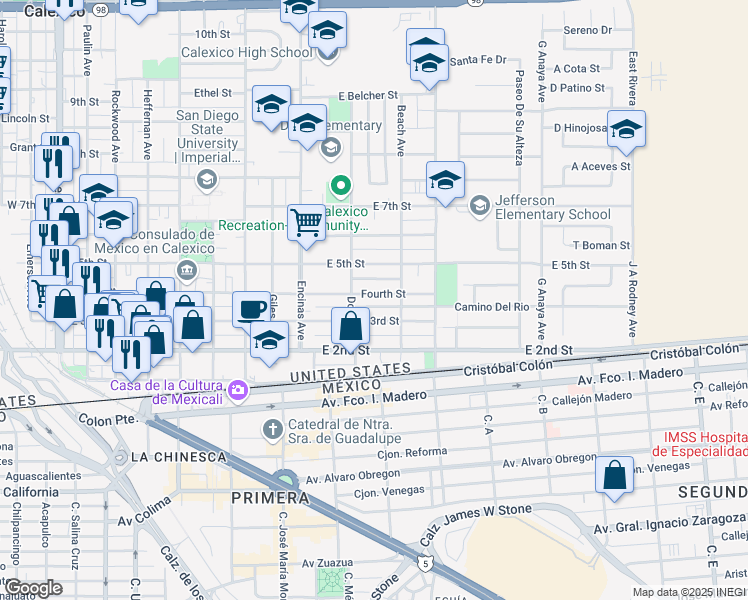 map of restaurants, bars, coffee shops, grocery stores, and more near 926 Fourth Street in Calexico
