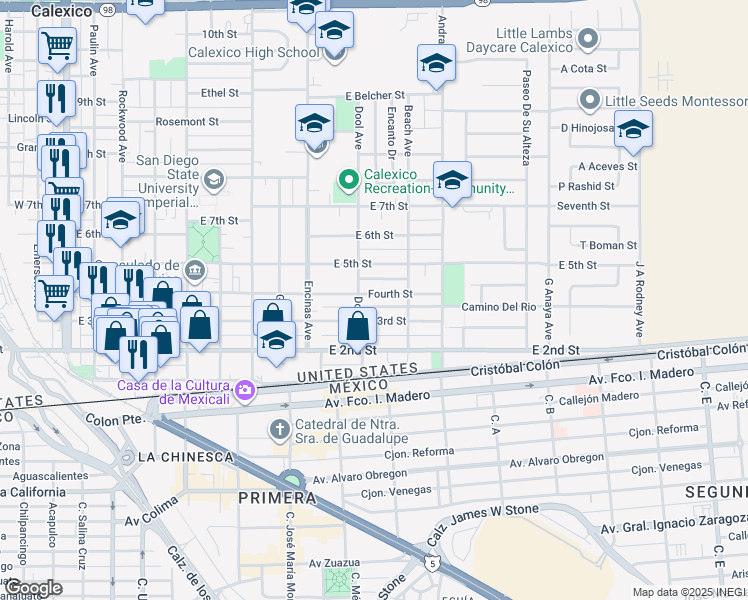 map of restaurants, bars, coffee shops, grocery stores, and more near 926 Fourth Street in Calexico