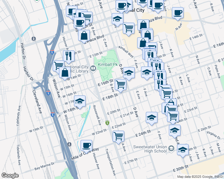 map of restaurants, bars, coffee shops, grocery stores, and more near 140 East 17th Street in National City