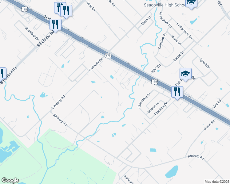 map of restaurants, bars, coffee shops, grocery stores, and more near 1902 South Woody Road in Dallas