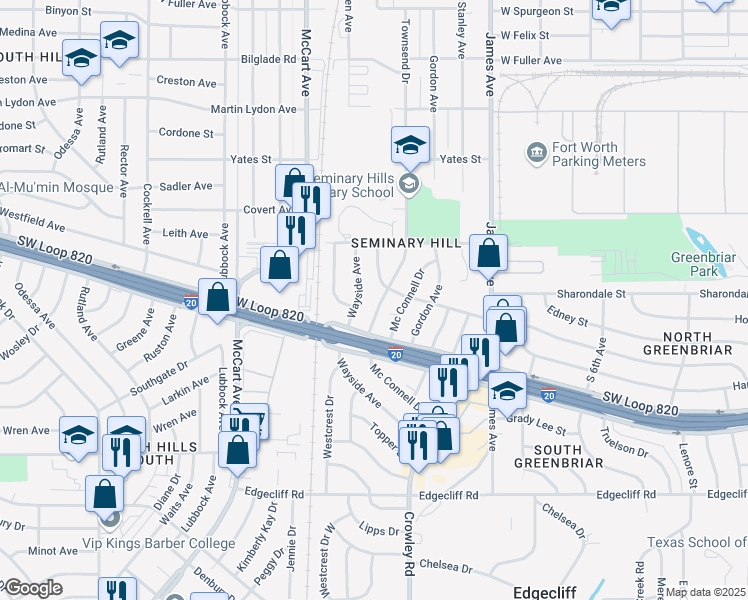 map of restaurants, bars, coffee shops, grocery stores, and more near 5308 Townsend Drive in Fort Worth