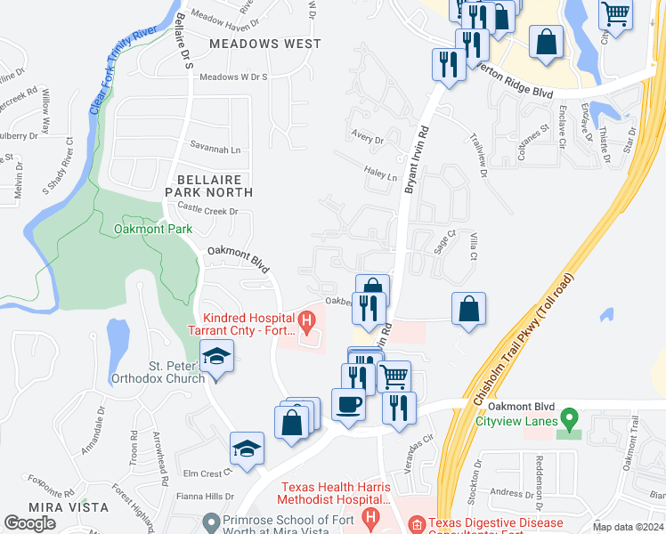 map of restaurants, bars, coffee shops, grocery stores, and more near 5350 Bryant Irvin Road in Fort Worth
