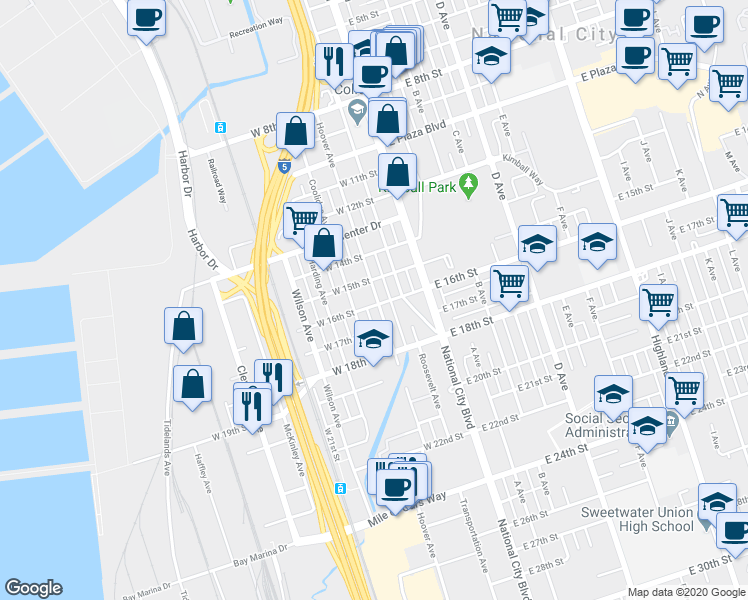 map of restaurants, bars, coffee shops, grocery stores, and more near 221 W 16th St in National City