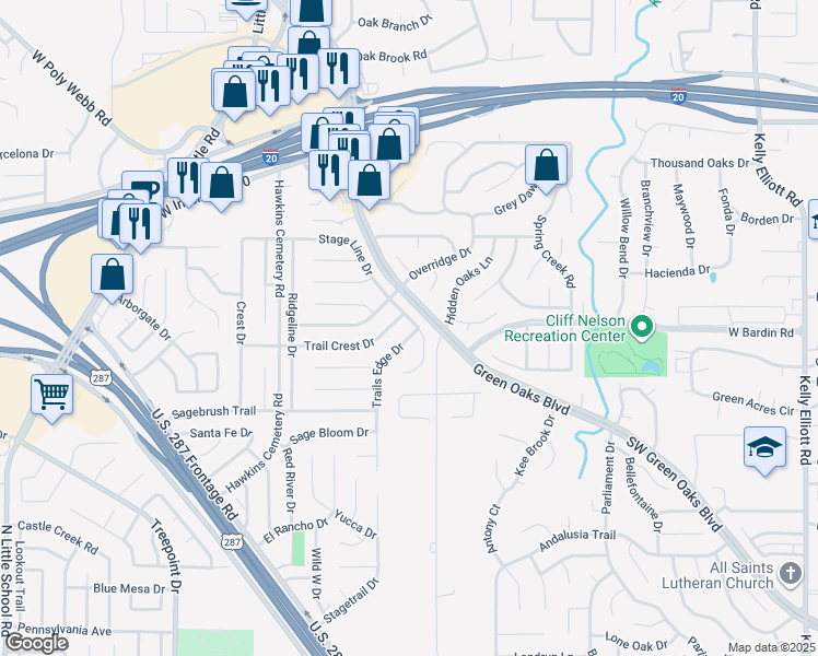 map of restaurants, bars, coffee shops, grocery stores, and more near 5601 Trails Edge Drive in Arlington