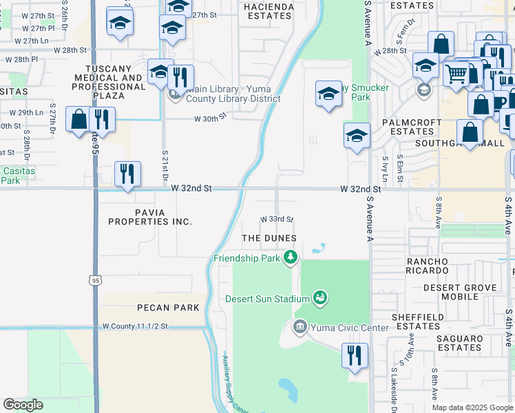 map of restaurants, bars, coffee shops, grocery stores, and more near 1615 West 32nd Place in Yuma