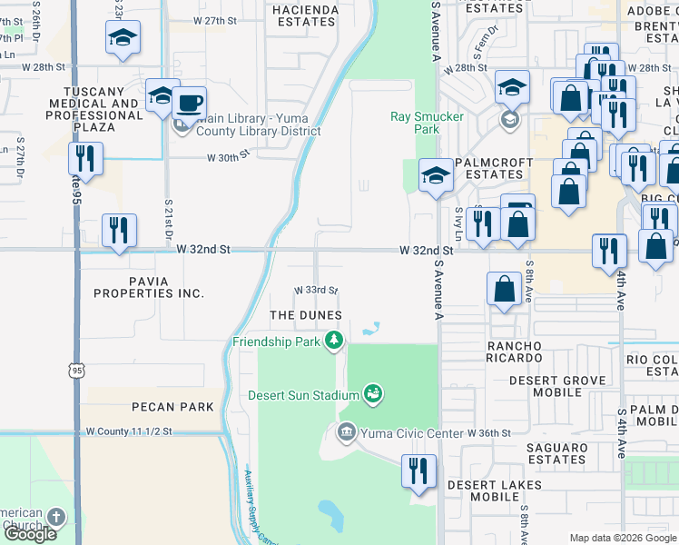 map of restaurants, bars, coffee shops, grocery stores, and more near 1399 West 32nd Place in Yuma