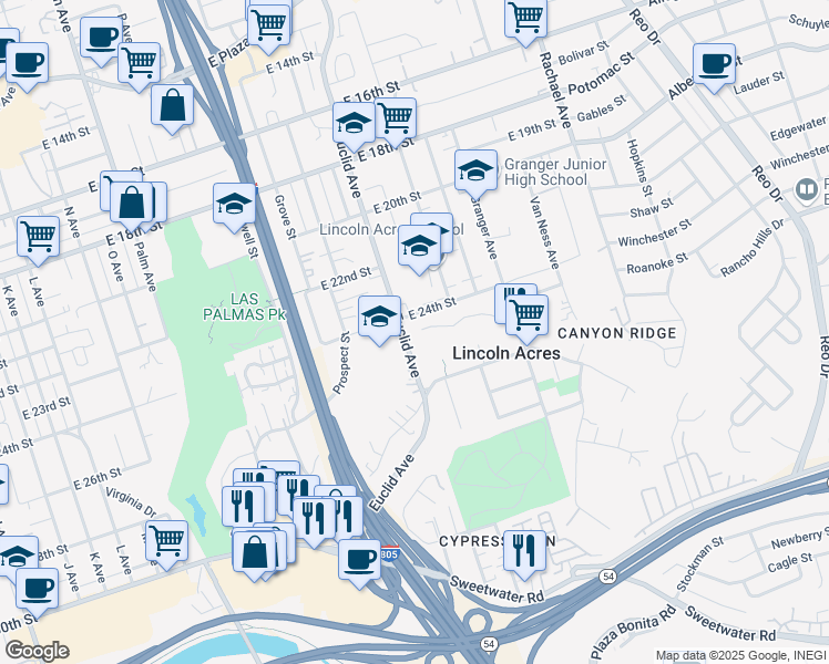 map of restaurants, bars, coffee shops, grocery stores, and more near 2501 Fenton Place in National City