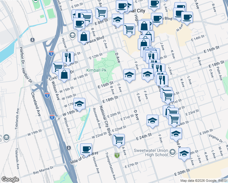 map of restaurants, bars, coffee shops, grocery stores, and more near 1703 B Avenue in National City