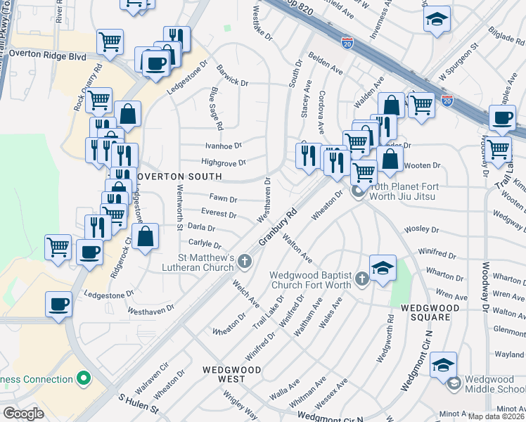 map of restaurants, bars, coffee shops, grocery stores, and more near 5508 Westhaven Drive in Fort Worth