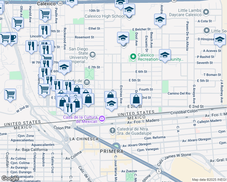 map of restaurants, bars, coffee shops, grocery stores, and more near 702 Fourth Street in Calexico