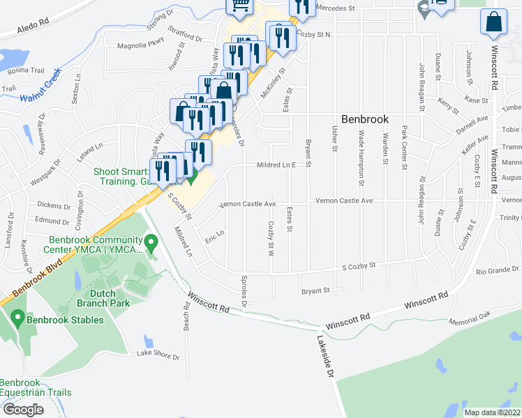 map of restaurants, bars, coffee shops, grocery stores, and more near 104 Vernon Castle Avenue in Fort Worth