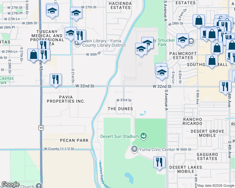 map of restaurants, bars, coffee shops, grocery stores, and more near 1513 West 32nd Place in Yuma