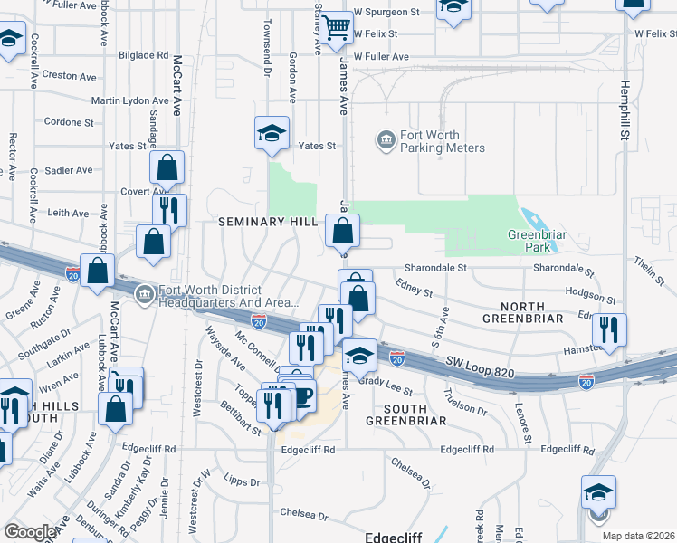 map of restaurants, bars, coffee shops, grocery stores, and more near 5300 James Avenue in Fort Worth