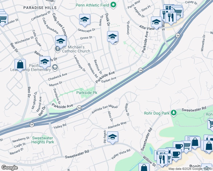 map of restaurants, bars, coffee shops, grocery stores, and more near 3027 Sabina Drive in San Diego