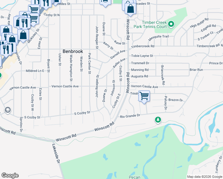 map of restaurants, bars, coffee shops, grocery stores, and more near 1202 Johnson Street in Benbrook