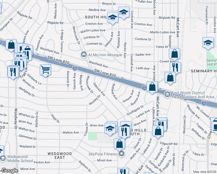 map of restaurants, bars, coffee shops, grocery stores, and more near 5217 Wosley Drive in Fort Worth