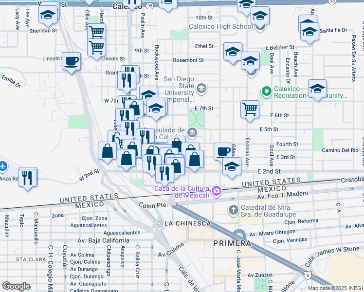 map of restaurants, bars, coffee shops, grocery stores, and more near 344 Fourth Street in Calexico