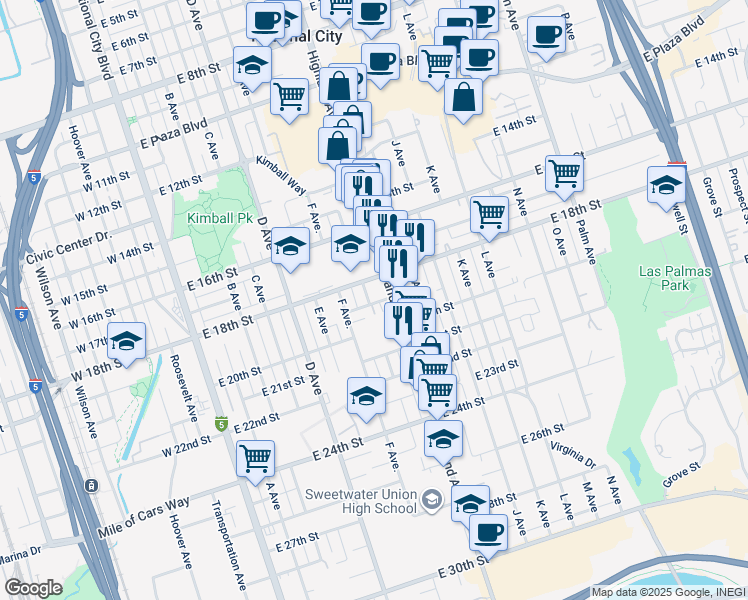map of restaurants, bars, coffee shops, grocery stores, and more near 1841 G Avenue in National City