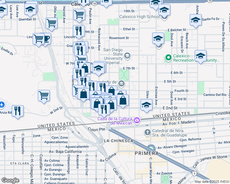 map of restaurants, bars, coffee shops, grocery stores, and more near 344 Fourth Street in Calexico