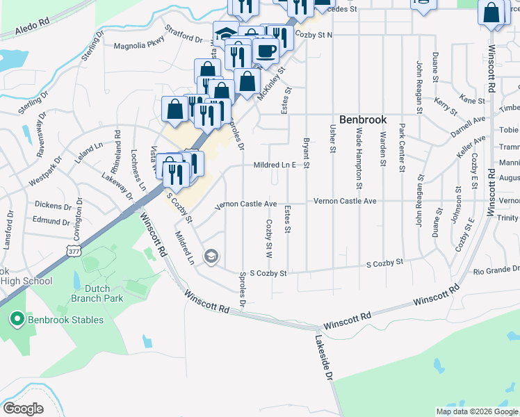 map of restaurants, bars, coffee shops, grocery stores, and more near 104 Vernon Castle Avenue in Benbrook