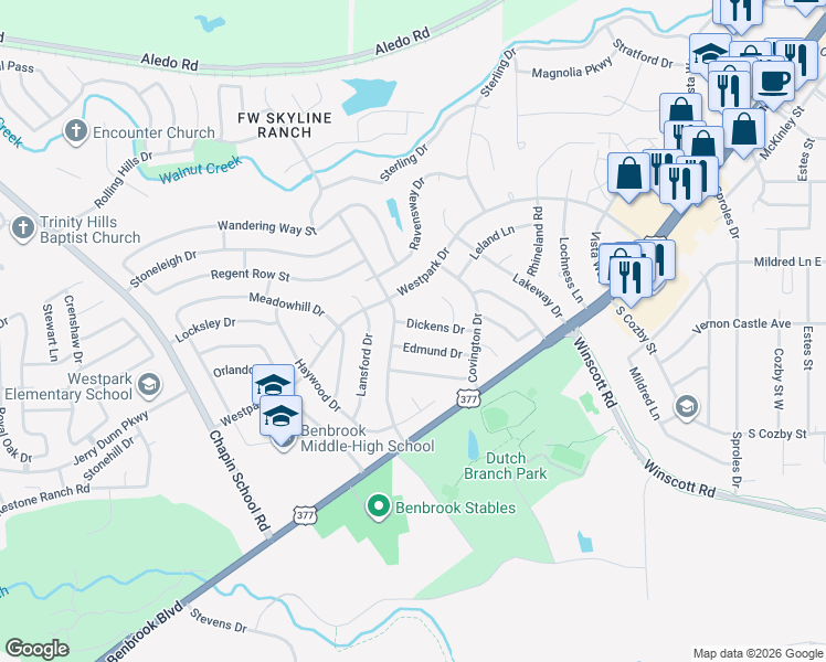 map of restaurants, bars, coffee shops, grocery stores, and more near 9937 Dickens Drive in Benbrook