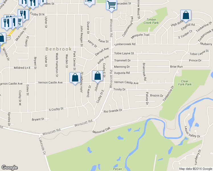 map of restaurants, bars, coffee shops, grocery stores, and more near 1203 Cozby Street East in Benbrook