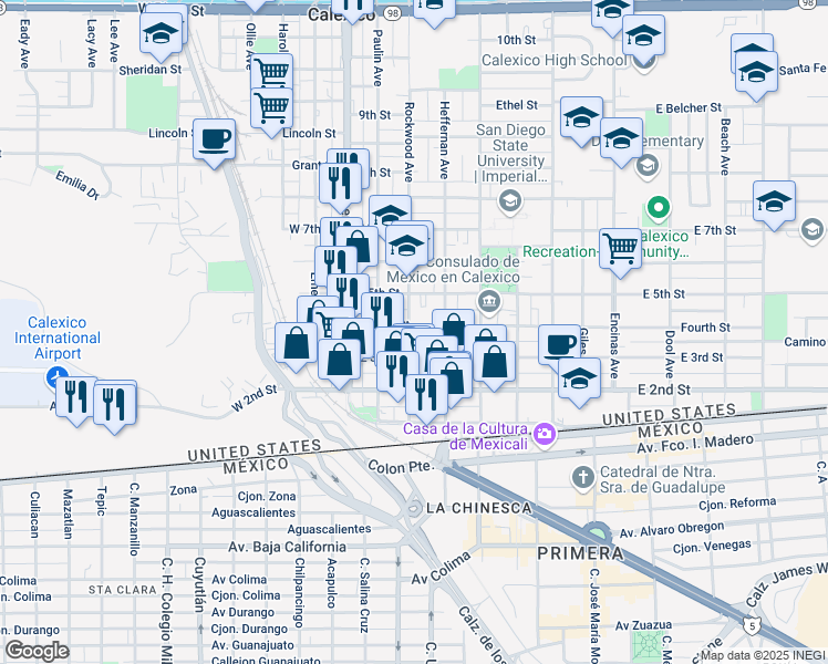 map of restaurants, bars, coffee shops, grocery stores, and more near 200 Fourth Street in Calexico
