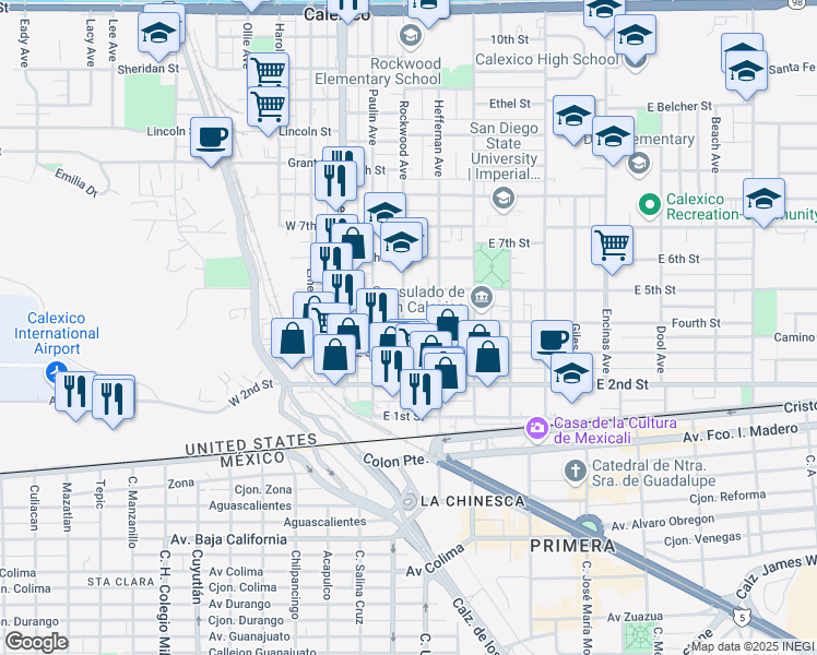 map of restaurants, bars, coffee shops, grocery stores, and more near 200 Fourth Street in Calexico