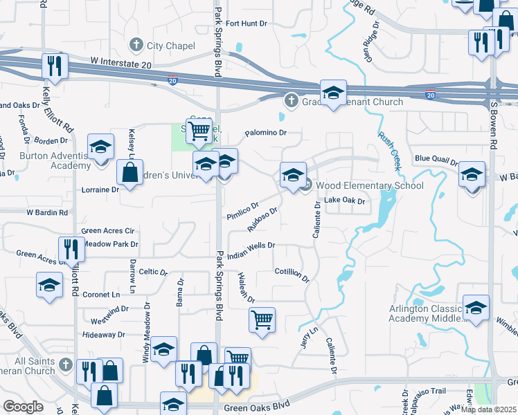map of restaurants, bars, coffee shops, grocery stores, and more near 3602 Pimlico Drive in Arlington