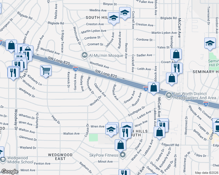 map of restaurants, bars, coffee shops, grocery stores, and more near 5217 Wosley Drive in Fort Worth