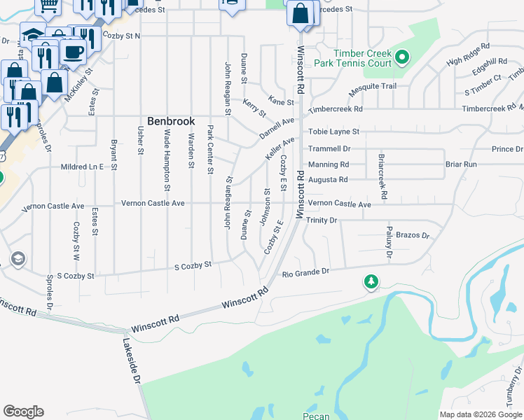 map of restaurants, bars, coffee shops, grocery stores, and more near 1202 Johnson Street in Benbrook