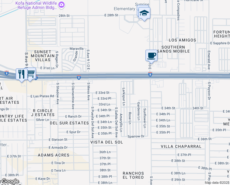 map of restaurants, bars, coffee shops, grocery stores, and more near 9713 East 33rd Street in Yuma