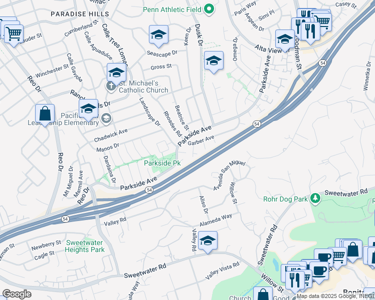 map of restaurants, bars, coffee shops, grocery stores, and more near 3027 Sabina Drive in San Diego