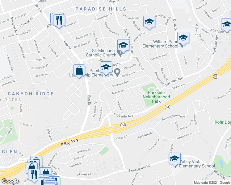 map of restaurants, bars, coffee shops, grocery stores, and more near Manos Dr & Dardaina Dr in San Diego