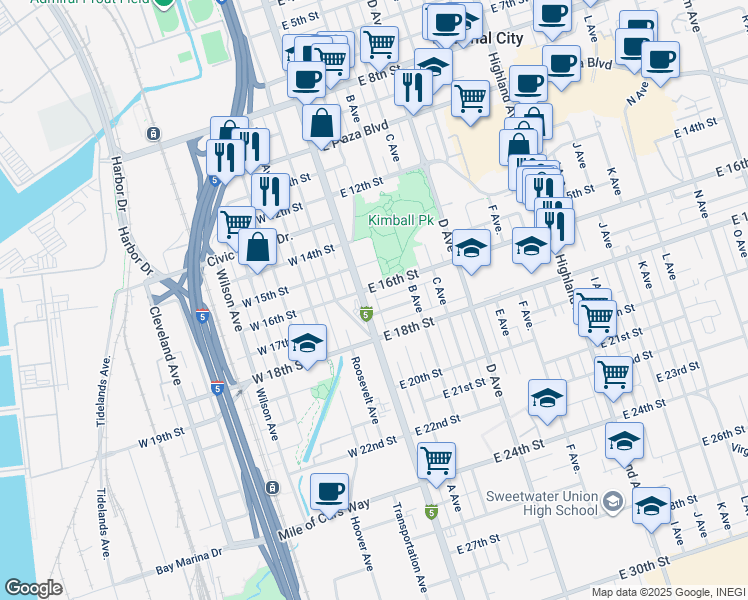 map of restaurants, bars, coffee shops, grocery stores, and more near 1605 National City Boulevard in National City