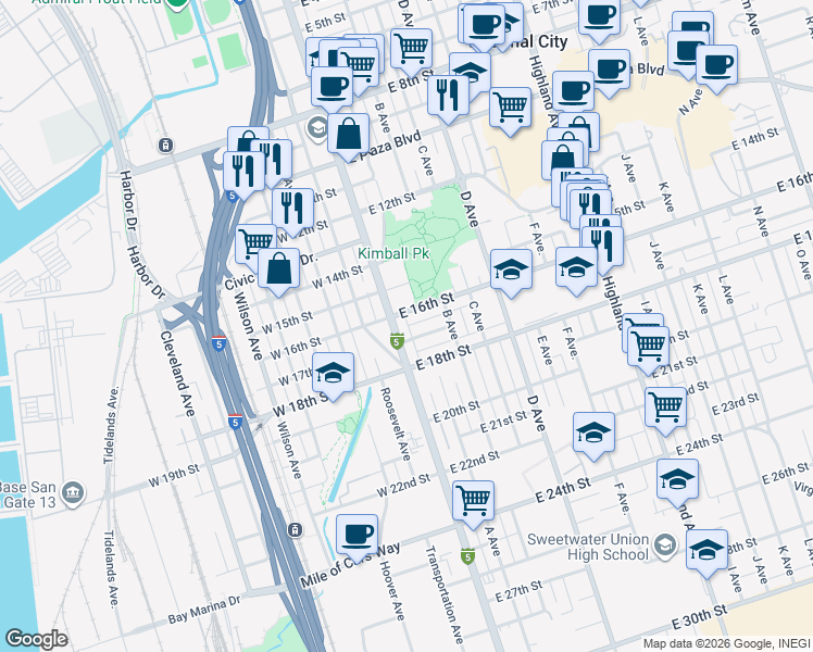 map of restaurants, bars, coffee shops, grocery stores, and more near 1605 National City Boulevard in National City