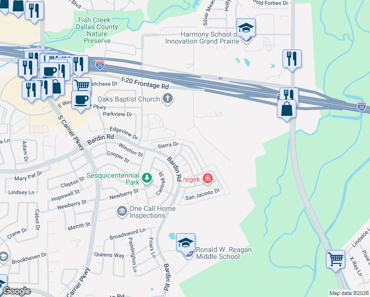 map of restaurants, bars, coffee shops, grocery stores, and more near 4405 Sierra Drive in Grand Prairie