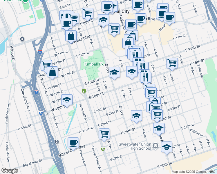map of restaurants, bars, coffee shops, grocery stores, and more near 1721 C Avenue in National City