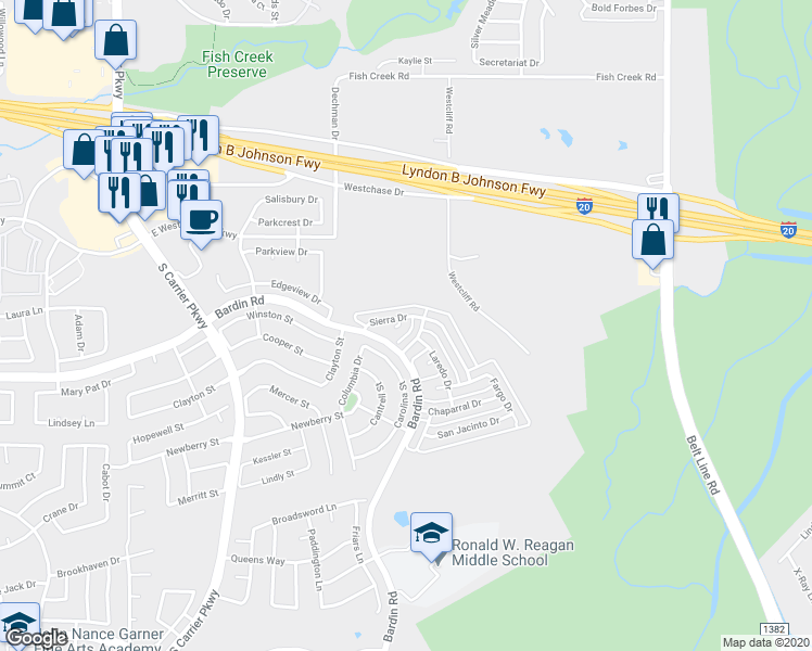 map of restaurants, bars, coffee shops, grocery stores, and more near 717 Sierra Court in Grand Prairie