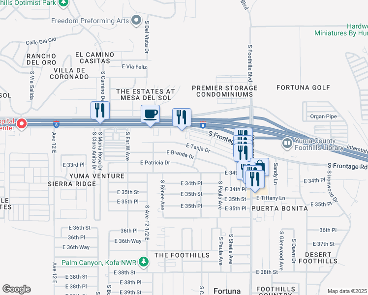 map of restaurants, bars, coffee shops, grocery stores, and more near 12500-12698 East Brenda Drive in Yuma
